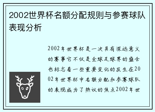 2002世界杯名额分配规则与参赛球队表现分析